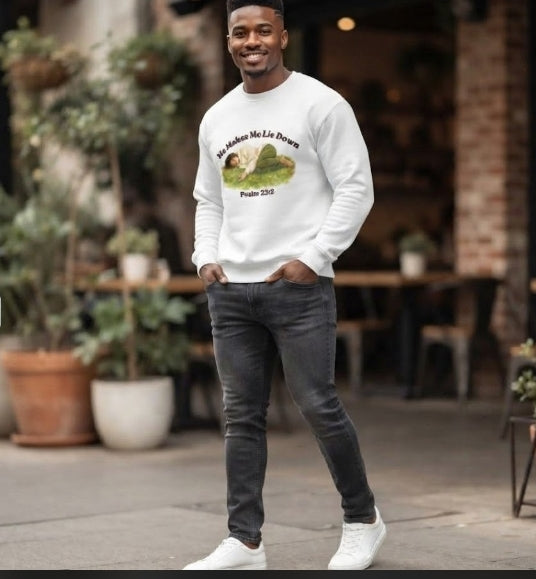 Psalm 23:2 Sweatshirt — 'He Makes Me Lie Down' Christian Crewneck