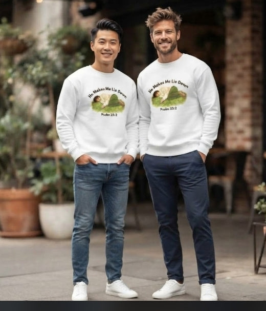 Psalm 23:2 Sweatshirt — 'He Makes Me Lie Down' Christian Crewneck