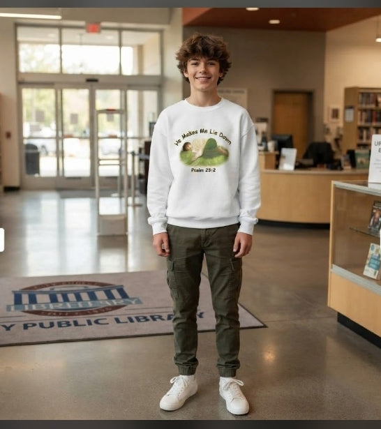 Psalm 23:2 Sweatshirt — 'He Makes Me Lie Down' Christian Crewneck